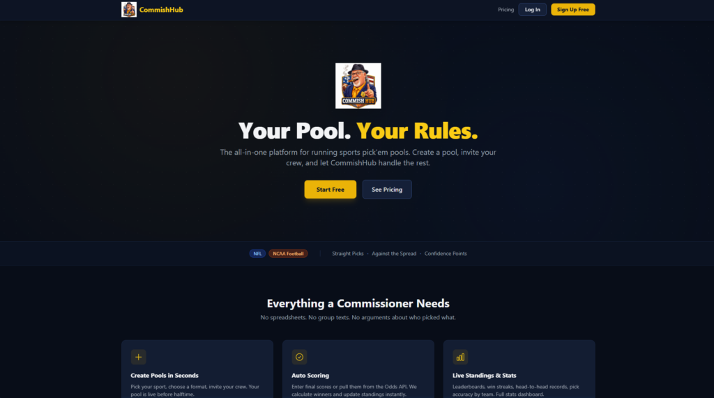 CommishHub - Your Pool. Your Rules. The all-in-one platform for running sports pick'em pools. Create a pool, invite your crew, and let CommishHub handle the rest.