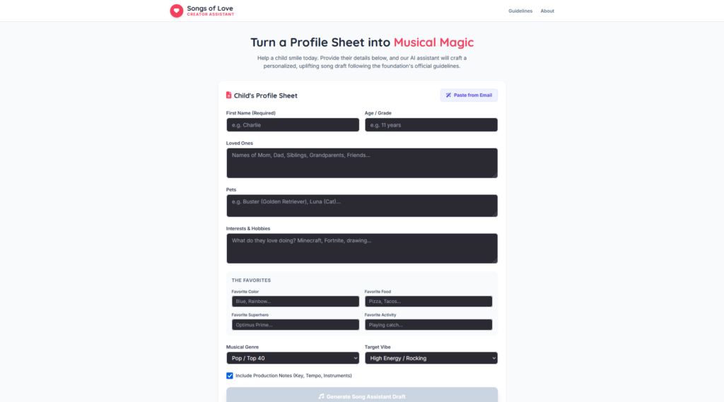 Turn a Profile Sheet into Musical Magic Turn a Profile Sheet into Musical Magic. Help a child smile today. Provide their details below, and our AI assistant will craft a personalized, uplifting song draft following the foundation's official guidelines.