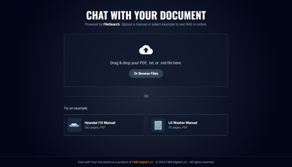 Chat With Your Document Powered by FileSearch. Upload a manual or select example to see RAG in action.