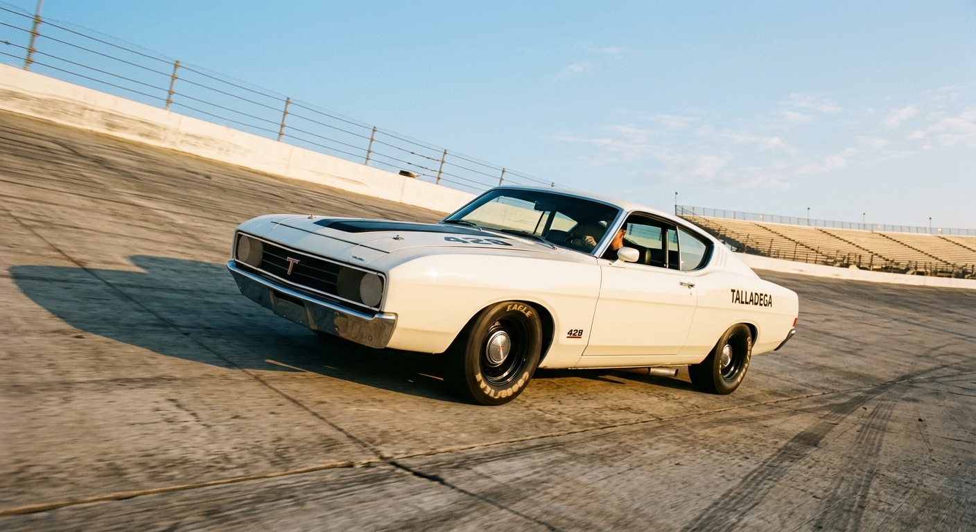 A 1969 Ford Torino Talladega in Wimbledon White photographed at low angle on a sunlit banked oval superspeedway, the reshaped tapered nose and long sloping Sportsroof fastback silhouette prominently visible, dramatic perspective emphasizing the car's aerodynamic profile against a vast expanse of concrete banking and pale blue sky, cinematic editorial automotive photography with golden hour lighting casting long shadows, photorealistic detail capturing the clean flush bodywork and understated muscle car stance, evoking purposeful speed and precision engineering rather than theatrical flamboyance