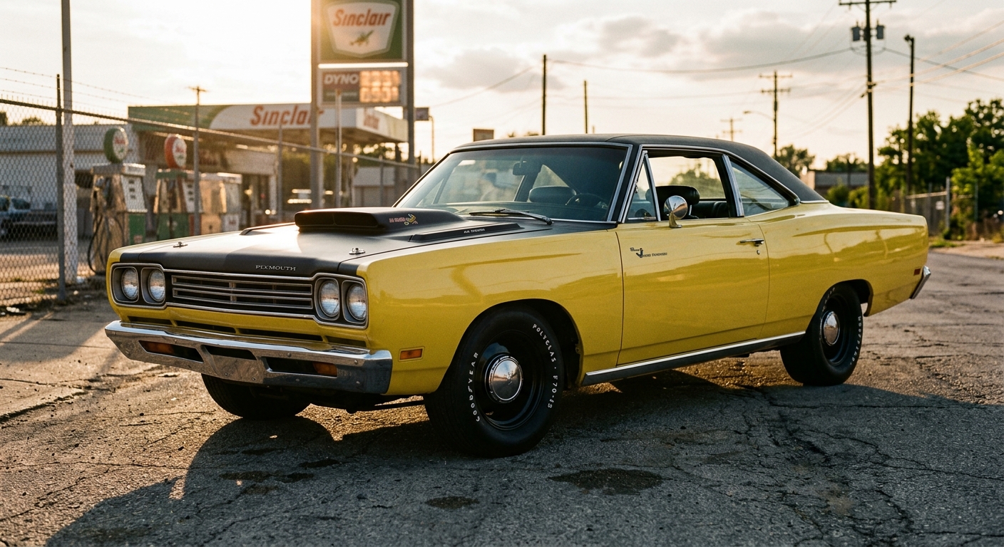 A 1969 Plymouth Road Runner in vivid yellow with a black hood scoop sits on a gritty American street at golden hour, photographed from a low three-quarter front angle. The car's muscular B-body lines are sharply defined in the warm late-day light, with chrome details catching the sun and slightly worn asphalt beneath the wide tires suggesting real-world use rather than a showroom. The setting is working-class Americana — a gas station and chain-link fence blurred softly in the background, telephone poles lining the road. The mood is unpretentious and powerful, celebrating raw mechanical purpose over luxury. The image has a cinematic, editorial quality with rich film-like colors, deep shadows under the wheel arches, and an atmosphere of authentic 1960s American muscle culture — fast, honest, and built for the street.
