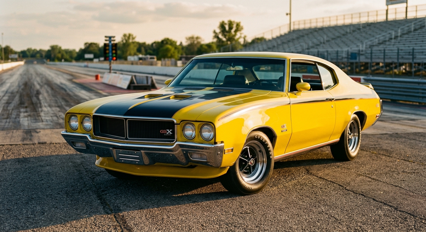 A 1970 Buick GSX Stage 1 in bold Saturn Yellow with black racing stripes, parked on a sunlit dragstrip apron, shot from a low three-quarter front angle that emphasizes the muscular hood with its tachometer, front spoiler, and aggressive stance. The car sits alone, commanding the frame, with a blurred dragstrip and grandstand in the soft background. The lighting is warm and golden, late afternoon sun raking across the sheet metal to reveal every line and curve of the body. The overall mood is confident and understated menace — a car that looks fast without trying too hard, refined yet coiled with latent power. Photorealistic editorial style, cinematic depth of field, rich color saturation, clean composition with no text or logos visible.