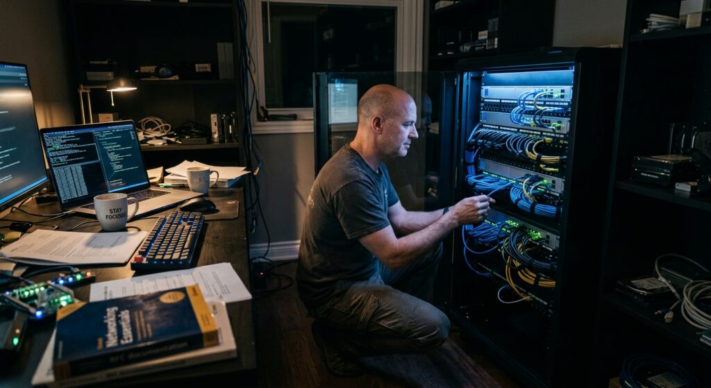 A dimly lit home office at 3 AM, illuminated only by the soft blue-white glow of rack-mounted server equipment. A lone figure, bald, wearing a t-shirt, crouches in front of an open server rack filled with meticulously organized cables in neat bundles secured with zip ties, glowing network switches with blinking LEDs, and labeled patch panels. On a nearby desk sits a cold cup of coffee, a laptop with terminal windows open, and scattered technical documentation. The room is quiet and intimate, shelves lined with networking equipment and hard drives. The overall mood is peaceful, focused, almost meditative — the portrait of someone completely absorbed in a passion project in the middle of the night, the warm satisfaction of solitary craftsmanship radiating from the scene. Photorealistic editorial style with moody, cinematic low-light photography aesthetics, shallow depth of field, cool blue server-glow contrasting with warm ambient desk light.