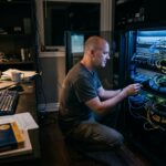 A dimly lit home office at 3 AM, illuminated only by the soft blue-white glow of rack-mounted server equipment. A lone figure, bald, wearing a t-shirt, crouches in front of an open server rack filled with meticulously organized cables in neat bundles secured with zip ties, glowing network switches with blinking LEDs, and labeled patch panels. On a nearby desk sits a cold cup of coffee, a laptop with terminal windows open, and scattered technical documentation. The room is quiet and intimate, shelves lined with networking equipment and hard drives. The overall mood is peaceful, focused, almost meditative — the portrait of someone completely absorbed in a passion project in the middle of the night, the warm satisfaction of solitary craftsmanship radiating from the scene. Photorealistic editorial style with moody, cinematic low-light photography aesthetics, shallow depth of field, cool blue server-glow contrasting with warm ambient desk light.