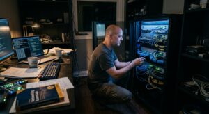 A dimly lit home office at 3 AM, illuminated only by the soft blue-white glow of rack-mounted server equipment. A lone figure, bald, wearing a t-shirt, crouches in front of an open server rack filled with meticulously organized cables in neat bundles secured with zip ties, glowing network switches with blinking LEDs, and labeled patch panels. On a nearby desk sits a cold cup of coffee, a laptop with terminal windows open, and scattered technical documentation. The room is quiet and intimate, shelves lined with networking equipment and hard drives. The overall mood is peaceful, focused, almost meditative — the portrait of someone completely absorbed in a passion project in the middle of the night, the warm satisfaction of solitary craftsmanship radiating from the scene. Photorealistic editorial style with moody, cinematic low-light photography aesthetics, shallow depth of field, cool blue server-glow contrasting with warm ambient desk light.