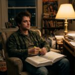 A dimly lit mid-nineties college apartment at night, a young man in his early twenties sitting alone in a worn armchair beneath a single lamp, a thick open textbook on his lap and a yellow highlighter loosely held in one hand. He stares into the middle distance, not at the page, his expression distant and inward, caught somewhere between effort and paralysis. The room is cluttered with the quiet evidence of a life being lived hard — stacked books, a half-empty coffee mug, papers spread across a desk nearby. The warm amber light creates deep shadows, giving the scene a heavy, intimate atmosphere. The mood is melancholic but not hopeless, evoking the weight of undiagnosed struggle, the loneliness of not having language for what you are experiencing, and the particular exhaustion of a mind that cannot rest. Photorealistic editorial style, cinematic lighting, muted color palette with warm amber and cool shadow tones.