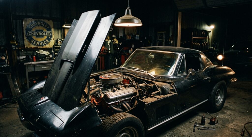 A dramatic, cinematic close-up photograph of a 1967 Chevrolet Corvette C2 Sting Ray in a dark, moody garage setting, illuminated by a single overhead industrial light casting sharp shadows. The car is finished in a deep, aggressive color — dark blue or black — with the long hood dominating the foreground. The hood is propped open, revealing a massive 427 cubic inch big block engine with a single four-barrel Holley carburetor and open-element air cleaner, chrome and cast iron gleaming under the focused light. The fastback roofline and twin round taillights are visible in the background. The scene feels raw, purposeful, and stripped-down — no radio, no frills, just a machine built entirely around performance. Shot in an editorial automotive photography style with high contrast, shallow depth of field, and a gritty, documentary realism that conveys the car's uncompromising racing DNA and mythological rarity.