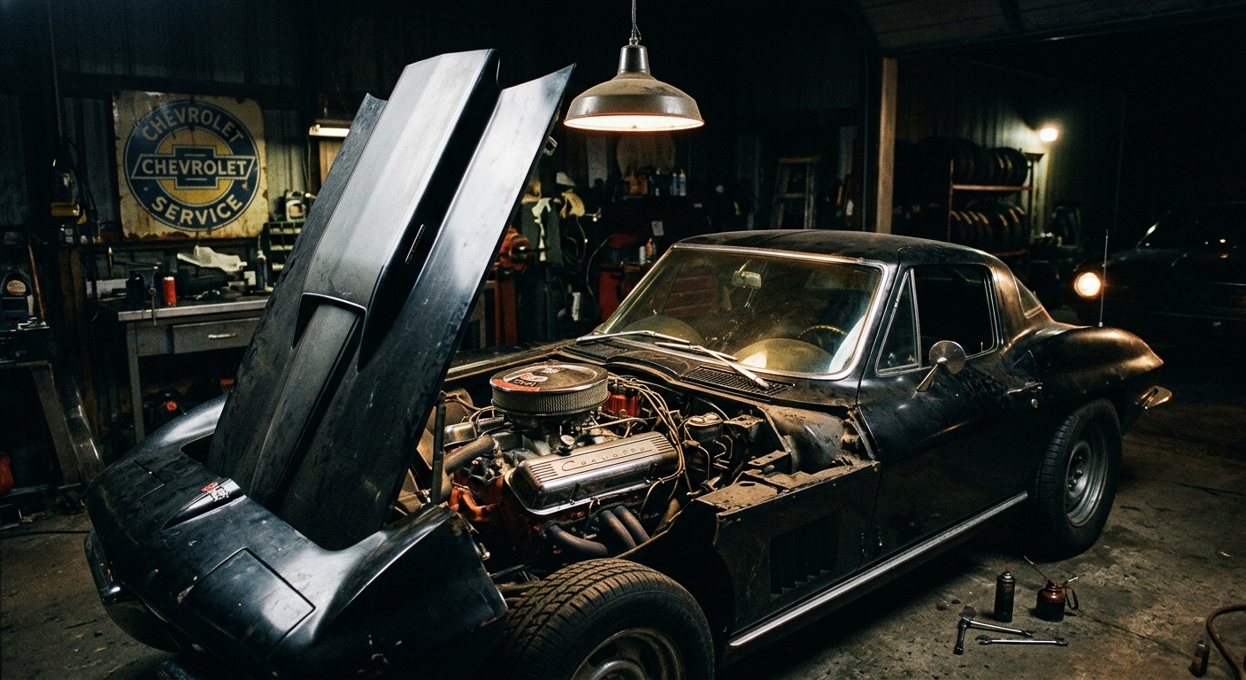 A dramatic, cinematic close-up photograph of a 1967 Chevrolet Corvette C2 Sting Ray in a dark, moody garage setting, illuminated by a single overhead industrial light casting sharp shadows. The car is finished in a deep, aggressive color — dark blue or black — with the long hood dominating the foreground. The hood is propped open, revealing a massive 427 cubic inch big block engine with a single four-barrel Holley carburetor and open-element air cleaner, chrome and cast iron gleaming under the focused light. The fastback roofline and twin round taillights are visible in the background. The scene feels raw, purposeful, and stripped-down — no radio, no frills, just a machine built entirely around performance. Shot in an editorial automotive photography style with high contrast, shallow depth of field, and a gritty, documentary realism that conveys the car's uncompromising racing DNA and mythological rarity.