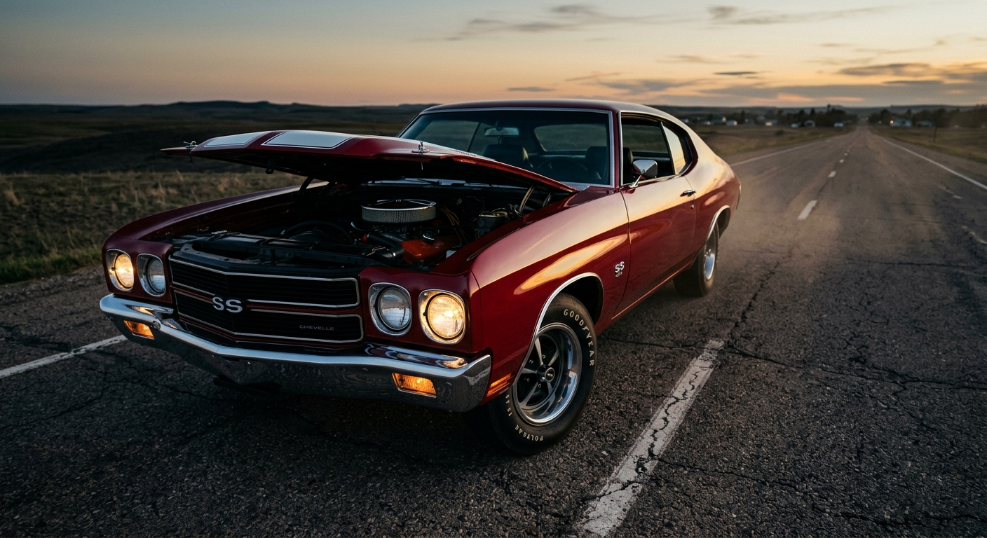 A dramatic, cinematic close-up shot of a 1970 Chevrolet Chevelle SS 454 in a deep, bold color — either Cranberry Red or Fathom Green — photographed at dusk on an empty American highway stretching into the horizon. The car sits low and aggressive with its long hood dominating the frame, blacked-out grille, hood scoop, and SS badging visible. Warm golden hour light rakes across the muscular body lines and factory rally wheels, casting long shadows on the asphalt. The engine bay hood is slightly raised, hinting at the massive big-block V8 beneath. The atmosphere is cinematic and reverent, evoking raw American mechanical power at its absolute peak — the feeling of standing at the apex of an era. Shot in a high-contrast, editorial automotive photography style with rich, saturated colors and a wide-angle perspective that emphasizes the car's imposing proportions against an open, fading American sky.