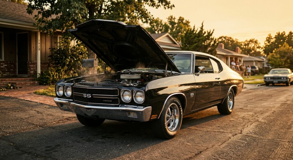 A dramatic, cinematic low-angle shot of a classic 1970 American muscle car — deep black with aggressive body lines and chrome accents — parked on a suburban driveway at golden hour, engine hood slightly propped, heat shimmer rising from the engine bay. The setting evokes a nostalgic 1970s American neighborhood with warm amber light casting long shadows across the asphalt. The car dominates the frame with a sense of raw, thunderous power held still. The atmosphere is reverent and emotional, like a memory frozen in time. Photorealistic style with cinematic depth of field, rich contrast, and a slightly faded vintage color grade that honors the era.