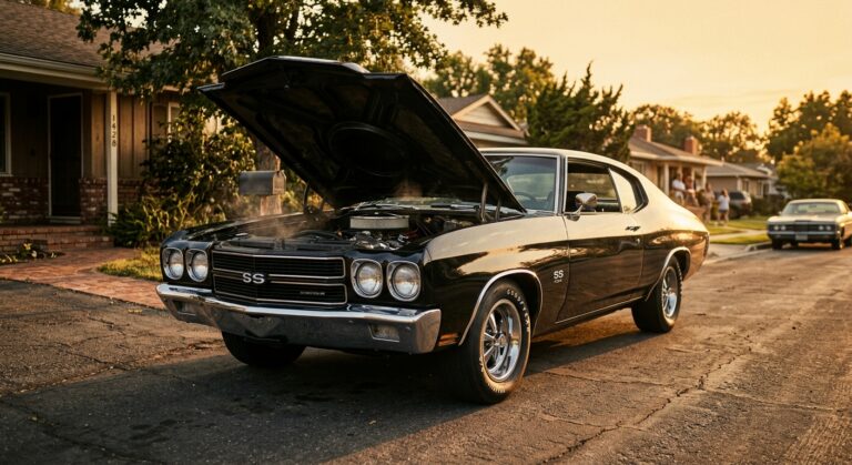 A dramatic, cinematic low-angle shot of a classic 1970 American muscle car — deep black with aggressive body lines and chrome accents — parked on a suburban driveway at golden hour, engine hood slightly propped, heat shimmer rising from the engine bay. The setting evokes a nostalgic 1970s American neighborhood with warm amber light casting long shadows across the asphalt. The car dominates the frame with a sense of raw, thunderous power held still. The atmosphere is reverent and emotional, like a memory frozen in time. Photorealistic style with cinematic depth of field, rich contrast, and a slightly faded vintage color grade that honors the era.