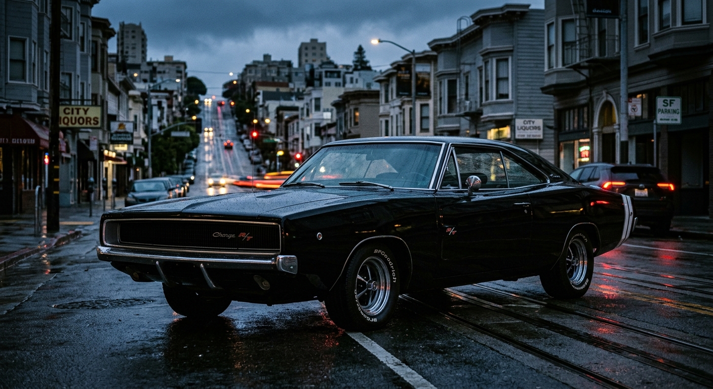 A dramatic, cinematic photograph of a 1968 Dodge Charger R/T in glossy black, shot from a low three-quarter front angle on a rain-slicked urban street at dusk. The car's recessed tunneled grille, hidden headlights, and sweeping flying buttress C-pillars are sharply defined against a moody, deep blue-grey sky. Warm amber streetlights reflect off the sculpted body panels, highlighting the subtle body-side crease and the muscular fastback roofline. The four round taillights glow red at the rear. The setting evokes San Francisco's hilly streets, with blurred city lights in the background creating a sense of danger and motion even though the car sits still. Photorealistic, editorial automotive photography style with high contrast lighting, deep shadows, and a brooding, iconic atmosphere.