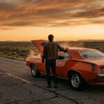 A dramatic, cinematic scene set on a deserted American highway at golden hour, with a 1970 Plymouth Hemi 'Cuda in vivid orange parked on cracked asphalt, engine hood slightly raised, exhaust heat shimmering in the late afternoon light. In the background, a vast open landscape of flat plains stretches to the horizon beneath a deep amber sky streaked with clouds. A lone figure stands beside the car, hand resting on the roof, facing away toward the distance. The composition evokes permanence, freedom, and raw American ambition. The image is shot in a rich, editorial photography style with deep shadows, warm tones, and the texture of aged chrome and painted steel catching the dying light. Wide-angle perspective emphasizes both the muscular presence of the car and the scale of the open road ahead.