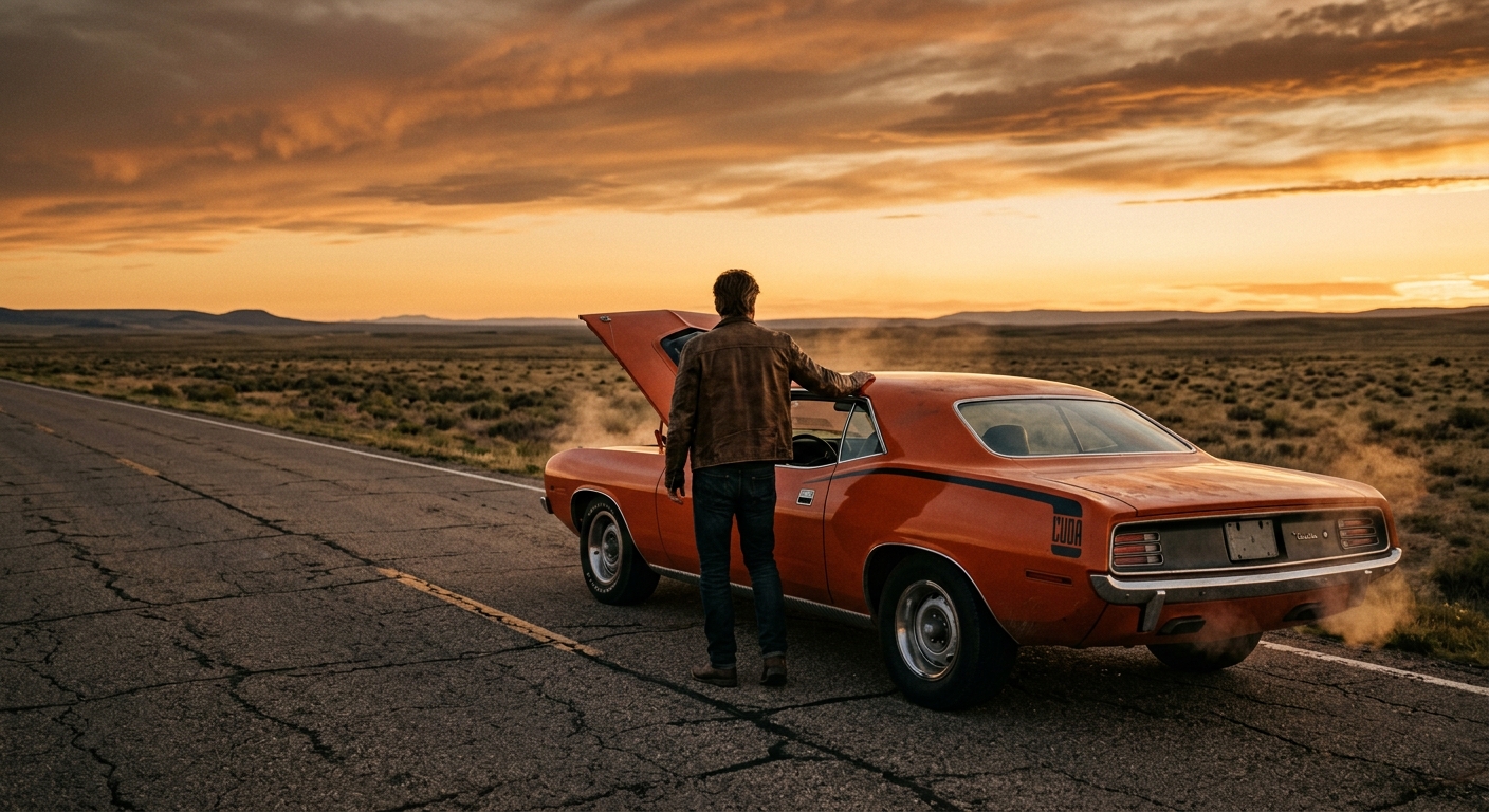 A dramatic, cinematic scene set on a deserted American highway at golden hour, with a 1970 Plymouth Hemi 'Cuda in vivid orange parked on cracked asphalt, engine hood slightly raised, exhaust heat shimmering in the late afternoon light. In the background, a vast open landscape of flat plains stretches to the horizon beneath a deep amber sky streaked with clouds. A lone figure stands beside the car, hand resting on the roof, facing away toward the distance. The composition evokes permanence, freedom, and raw American ambition. The image is shot in a rich, editorial photography style with deep shadows, warm tones, and the texture of aged chrome and painted steel catching the dying light. Wide-angle perspective emphasizes both the muscular presence of the car and the scale of the open road ahead.