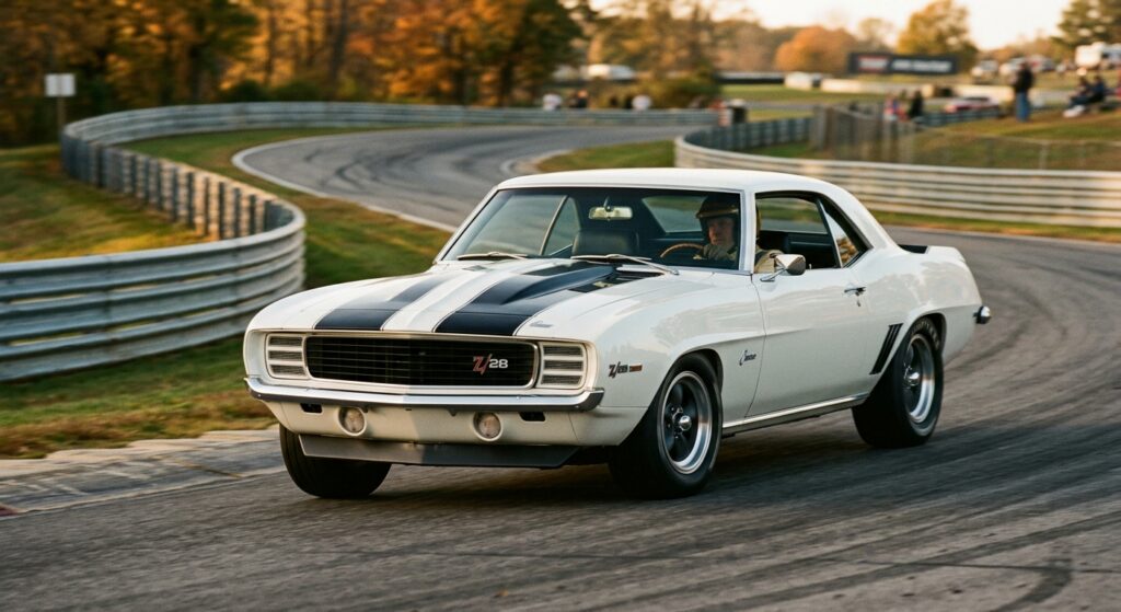 A dramatic, low-angle editorial photograph of a 1969 Chevrolet Camaro Z/28 on a winding road course, captured mid-corner with subtle tire lean suggesting precise, controlled handling. The car features its iconic hood stripe and front spoiler, rendered in classic white with bold racing stripes. The setting is golden hour, with warm light raking across the muscular, chiseled body lines of the restyled 1969 Camaro shape, emphasizing the pronounced hood and aggressive front end. In the background, a blurred track environment with armco barriers and autumn trees suggests a Trans-Am racing circuit. The overall mood is purposeful and driver-focused — not brute force, but mechanical precision and athletic balance. Shot in a cinematic, period-authentic style reminiscent of late 1960s motorsport photography, with slightly warm film-like tones and shallow depth of field that keeps the car sharp against a softly defocused background.