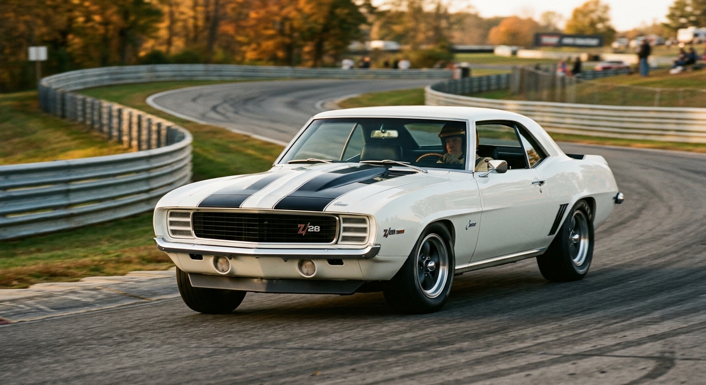 A dramatic, low-angle editorial photograph of a 1969 Chevrolet Camaro Z/28 on a winding road course, captured mid-corner with subtle tire lean suggesting precise, controlled handling. The car features its iconic hood stripe and front spoiler, rendered in classic white with bold racing stripes. The setting is golden hour, with warm light raking across the muscular, chiseled body lines of the restyled 1969 Camaro shape, emphasizing the pronounced hood and aggressive front end. In the background, a blurred track environment with armco barriers and autumn trees suggests a Trans-Am racing circuit. The overall mood is purposeful and driver-focused — not brute force, but mechanical precision and athletic balance. Shot in a cinematic, period-authentic style reminiscent of late 1960s motorsport photography, with slightly warm film-like tones and shallow depth of field that keeps the car sharp against a softly defocused background.
