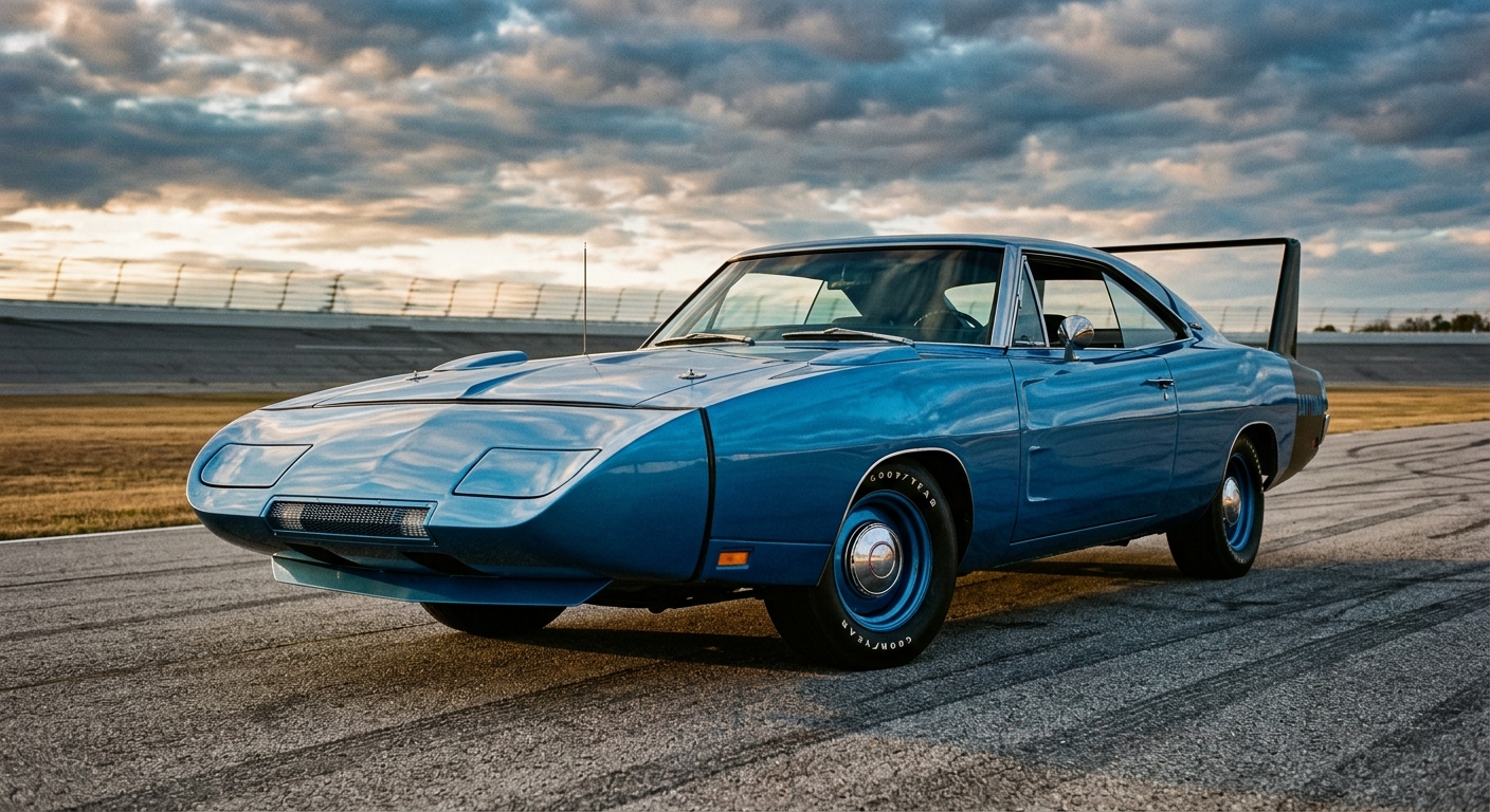 A dramatic, low-angle photograph of a 1969 Dodge Charger Daytona in vibrant corporate blue, shot on an open asphalt surface under a wide, cloud-streaked sky. The iconic 18-inch steel nose cone dominates the foreground, pointing aggressively toward the viewer, while the towering twin-post rear wing rises nearly two feet above the decklid in the background, silhouetted against the sky. The car's muscular, wide-body stance sits low and purposeful, with the pop-up headlights integrated cleanly into the aerodynamic nose. Harsh directional sunlight rakes across the body panels, emphasizing the sculptural curves and the sheer visual drama of the aerodynamic bodywork. The setting feels like an empty proving ground or superspeedway infield, evoking raw speed and engineering ambition. Photorealistic editorial automotive photography style, cinematic and high contrast, no text or logos visible.