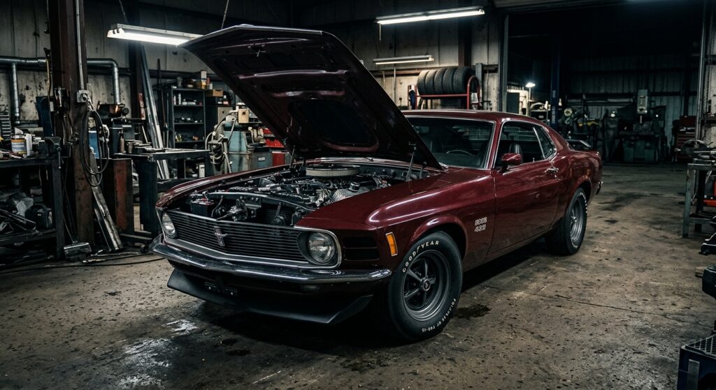 A dramatic, low-angle photograph of a 1970 Ford Mustang Boss 429 in a dimly lit industrial garage setting, the car painted in a deep, rich color with a matte black hood treatment and functional NASA-style hood pins gleaming under harsh overhead workshop lighting. The engine bay is open, revealing the massive 429 cubic inch engine with its distinctive semi-hemispherical cylinder heads and single four-barrel carburetor, the raw mechanical complexity of the Kar Kraft modifications visible in the tight clearances between headers and frame. The Mustang fastback silhouette is bold and purposeful, with a functional front spoiler casting a hard shadow on the concrete floor. The overall mood is serious and technical rather than theatrical, evoking precision engineering and restrained aggression, cinematic depth of field, editorial automotive photography style, high contrast dramatic lighting, photorealistic detail.