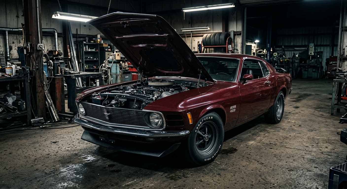 A dramatic, low-angle photograph of a 1970 Ford Mustang Boss 429 in a dimly lit industrial garage setting, the car painted in a deep, rich color with a matte black hood treatment and functional NASA-style hood pins gleaming under harsh overhead workshop lighting. The engine bay is open, revealing the massive 429 cubic inch engine with its distinctive semi-hemispherical cylinder heads and single four-barrel carburetor, the raw mechanical complexity of the Kar Kraft modifications visible in the tight clearances between headers and frame. The Mustang fastback silhouette is bold and purposeful, with a functional front spoiler casting a hard shadow on the concrete floor. The overall mood is serious and technical rather than theatrical, evoking precision engineering and restrained aggression, cinematic depth of field, editorial automotive photography style, high contrast dramatic lighting, photorealistic detail.