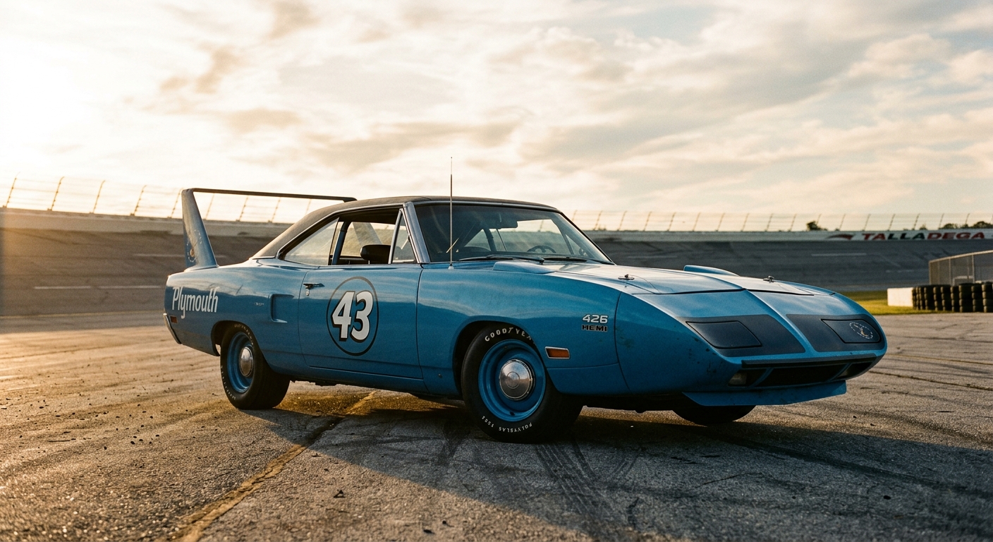 A dramatic low-angle photograph of a 1970 Plymouth Superbird in Petty blue, parked on sun-bleached asphalt at a wide oval superspeedway, the towering rear wing silhouetted against a vast open sky. The elongated nose cone stretches forward with purpose, the flush rear window gleaming, and every aerodynamic curve of the car catches harsh afternoon light. The composition emphasizes the car's extraordinary proportions — the improbable height of the wing, the aggressive forward thrust of the extended nose — making the machine look simultaneously alien and purposeful. Shot in a gritty, high-contrast editorial automotive photography style, with shallow depth of field, warm golden-hour lighting raking across the bodywork to highlight the sculpted surfaces, and the banked track curving away into the background, evoking the raw power and singular intensity of 1970s American motorsport.