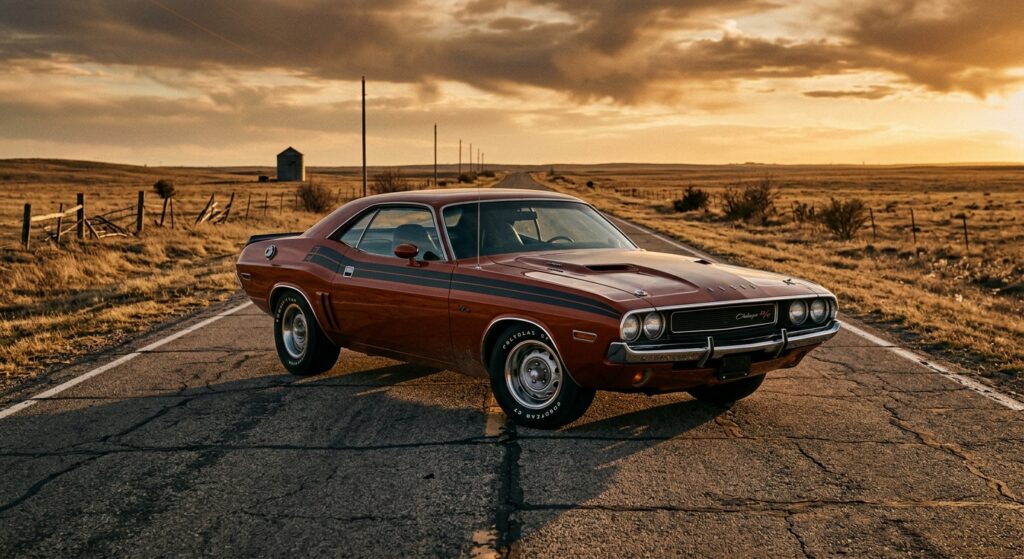 A dramatic, low-angle shot of a 1970 Dodge Challenger R/T Hemi in deep burnt orange with a bold bumblebee stripe across the tail, parked on a deserted two-lane American highway at golden hour, long shadows stretching across cracked asphalt. The car's wide stance and muscular proportions dominate the frame, the hood power bulge catching the last light of day. The surrounding landscape is flat and open, evoking the American heartland of the early 1970s. The atmosphere carries a sense of finality and grandeur, like a last stand — cinematic, high-contrast lighting with warm amber tones and deep shadows, photorealistic editorial automotive photography style, no people visible, slightly dusty environment suggesting raw power and an era drawing to a close.