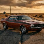 A dramatic, low-angle shot of a 1970 Dodge Challenger R/T Hemi in deep burnt orange with a bold bumblebee stripe across the tail, parked on a deserted two-lane American highway at golden hour, long shadows stretching across cracked asphalt. The car's wide stance and muscular proportions dominate the frame, the hood power bulge catching the last light of day. The surrounding landscape is flat and open, evoking the American heartland of the early 1970s. The atmosphere carries a sense of finality and grandeur, like a last stand — cinematic, high-contrast lighting with warm amber tones and deep shadows, photorealistic editorial automotive photography style, no people visible, slightly dusty environment suggesting raw power and an era drawing to a close.