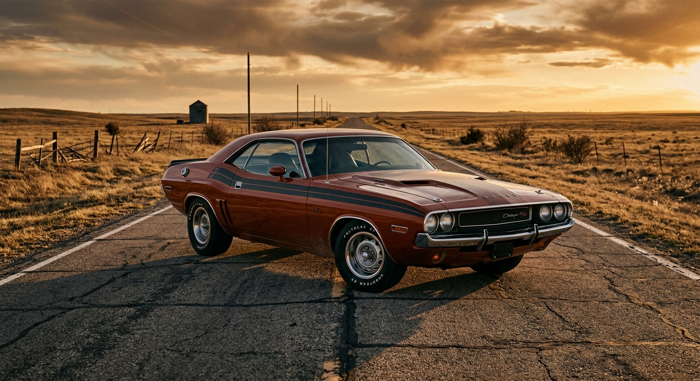 A dramatic, low-angle shot of a 1970 Dodge Challenger R/T Hemi in deep burnt orange with a bold bumblebee stripe across the tail, parked on a deserted two-lane American highway at golden hour, long shadows stretching across cracked asphalt. The car's wide stance and muscular proportions dominate the frame, the hood power bulge catching the last light of day. The surrounding landscape is flat and open, evoking the American heartland of the early 1970s. The atmosphere carries a sense of finality and grandeur, like a last stand — cinematic, high-contrast lighting with warm amber tones and deep shadows, photorealistic editorial automotive photography style, no people visible, slightly dusty environment suggesting raw power and an era drawing to a close.