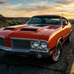 A dramatic, low-angle shot of a 1970 Oldsmobile 442 W-30 in Flame Orange, parked on a deserted two-lane highway at golden hour, the long hood stretching toward the camera with the functional cold-air hood scoops prominently visible. The car sits slightly menacing and authoritative, its bold striping catching the warm late-afternoon light, chrome and paint gleaming. The background shows an open American landscape with fading asphalt disappearing into the horizon, evoking the raw freedom of the early 1970s muscle car era. The scene is rendered in a cinematic, editorial photography style with rich, saturated colors, deep shadows under the wheel arches, and a sense of restrained power about to be unleashed. No people, no text, no logos — just the car and the road.