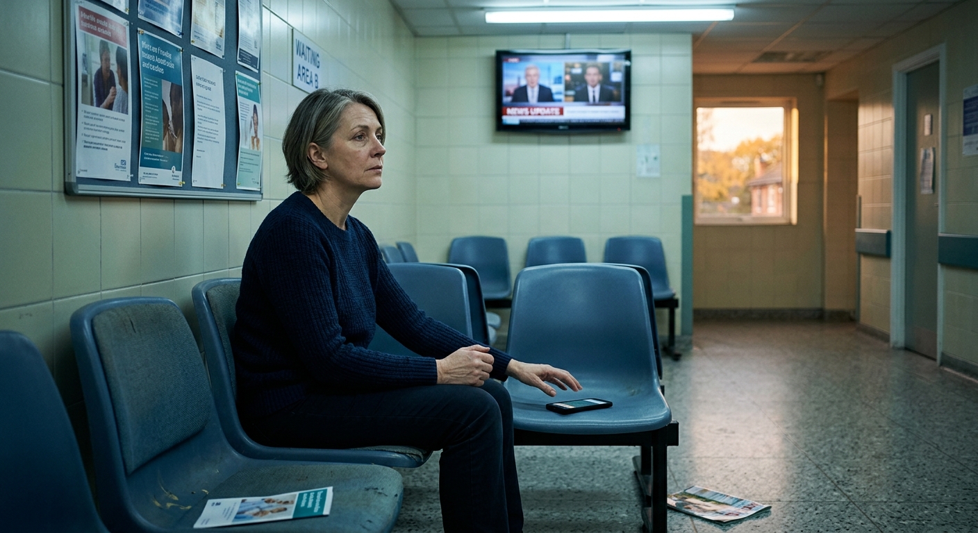 A middle-aged person sitting alone in a sterile hospital waiting room with harsh fluorescent lighting, plastic chairs, and a muted TV on the wall showing blurred news footage. Their hand is frozen mid-reach toward a smartphone resting on the seat beside them, but they have pulled back, choosing instead to sit still with their hands folded in their lap, staring into the middle distance with a contemplative, slightly unsettled expression. The room feels quiet and suspended in time. Through a small window, warm afternoon light filters in, suggesting the world outside moving at a slower, more natural pace. The overall mood is introspective and melancholic, a visual tension between the pull of digital distraction and the rare stillness of an unoccupied mind. Photorealistic editorial style, muted color palette with cool fluorescent blues contrasted against warm amber tones from the window, shallow depth of field.