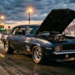 A muscular 1969 Chevrolet Camaro in a classic drag strip setting at dusk, captured in a dramatic low-angle perspective that emphasizes the car's aggressive stance and wide body. The car is painted in a deep midnight blue with a subtle metallic sheen, hood slightly raised to reveal the massive iron-block 427 cubic inch V8 engine nestled in the engine bay. The drag strip surface stretches behind the car, faint tire marks etched into the asphalt. Warm amber floodlights cast long shadows across the car's muscular body lines. The scene conveys raw, working-class American muscle — purposeful and intimidating rather than polished and showroom-pristine. Cinematic editorial photography style with high contrast lighting, shallow depth of field, and a gritty, documentary-style atmosphere that evokes late 1960s American performance culture.