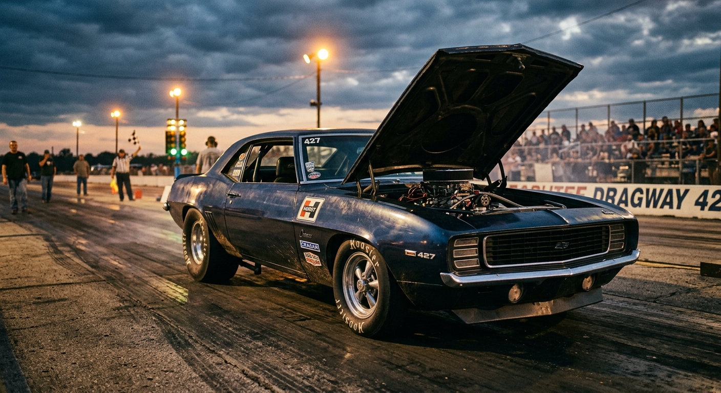 A muscular 1969 Chevrolet Camaro in a classic drag strip setting at dusk, captured in a dramatic low-angle perspective that emphasizes the car's aggressive stance and wide body. The car is painted in a deep midnight blue with a subtle metallic sheen, hood slightly raised to reveal the massive iron-block 427 cubic inch V8 engine nestled in the engine bay. The drag strip surface stretches behind the car, faint tire marks etched into the asphalt. Warm amber floodlights cast long shadows across the car's muscular body lines. The scene conveys raw, working-class American muscle — purposeful and intimidating rather than polished and showroom-pristine. Cinematic editorial photography style with high contrast lighting, shallow depth of field, and a gritty, documentary-style atmosphere that evokes late 1960s American performance culture.