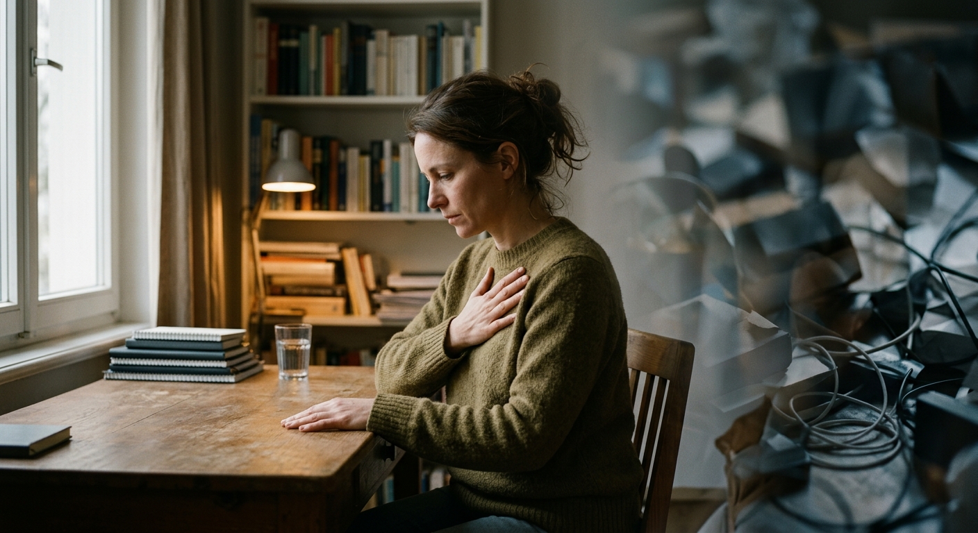 A photorealistic, editorial-style image depicting a lone figure seated at a wooden desk in a softly lit room, surrounded by an environment that subtly shifts between order and chaos — one half of the room is calm, organized, and warmly lit with natural light filtering through a window, while the other half is a swirl of abstract visual noise, tangled lines, overlapping shadows, and muted sensory distortion. The figure sits at the boundary between these two worlds, head slightly bowed, one hand pressed to their chest as if monitoring a heartbeat, the other resting still on the desk. The person appears thoughtful and introspective rather than distressed, conveying quiet exhaustion and self-awareness. The overall palette blends warm amber tones on the calm side with cool, desaturated blues and grays on the chaotic side. The atmosphere is contemplative and nuanced, suggesting the internal tension between a person's inner experience and the world they must navigate. Cinematic lighting, shallow depth of field, emotionally resonant and humanistic tone.