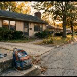 A weathered 1980s suburban neighborhood street at golden hour, showing an empty driveway in front of a modest ranch-style house with the lights off inside, while a group of kids on bicycles rides freely down the road in the background, no adults in sight. The foreground features a worn door key on a lanyard resting on concrete front steps beside a scuffed backpack. The scene evokes late afternoon independence and quiet solitude — a child's world operating without supervision. Shot in warm, slightly faded tones reminiscent of analog photography from the early 1980s, editorial realism style with nostalgic depth and a bittersweet emotional undertone.