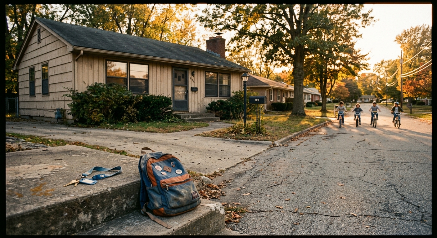A weathered 1980s suburban neighborhood street at golden hour, showing an empty driveway in front of a modest ranch-style house with the lights off inside, while a group of kids on bicycles rides freely down the road in the background, no adults in sight. The foreground features a worn door key on a lanyard resting on concrete front steps beside a scuffed backpack. The scene evokes late afternoon independence and quiet solitude — a child's world operating without supervision. Shot in warm, slightly faded tones reminiscent of analog photography from the early 1980s, editorial realism style with nostalgic depth and a bittersweet emotional undertone.
