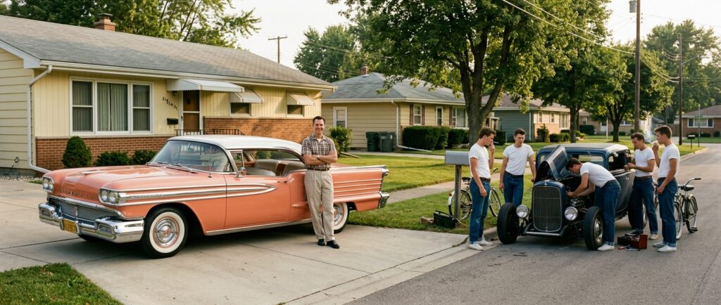 A wide, cinematic scene set in a 1958 American suburban neighborhood on a sunny afternoon. A gleaming, chrome-laden full-size American sedan from the late 1950s — massive, two-toned in pastel colors with dramatic tail fins and whitewall tires — sits parked in a wide concrete driveway in front of a modest ranch-style home. A well-dressed man in slacks and a short-sleeve button-up shirt stands beside it with his arms crossed, looking satisfied. Across the street, a group of young men in jeans and white t-shirts huddle around a stripped-down, lowered hot rod, one of them leaning under the hood. The contrast between the soft, comfortable family car and the raw, purposeful hot rod is visually striking. The neighborhood feels prosperous but quietly restless. Warm golden light, rich color palette reminiscent of mid-century Kodachrome photography, editorial and nostalgic in tone, wide-angle composition emphasizing the scale of the large sedan against the modest suburban backdrop.