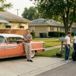 A wide, cinematic scene set in a 1958 American suburban neighborhood on a sunny afternoon. A gleaming, chrome-laden full-size American sedan from the late 1950s — massive, two-toned in pastel colors with dramatic tail fins and whitewall tires — sits parked in a wide concrete driveway in front of a modest ranch-style home. A well-dressed man in slacks and a short-sleeve button-up shirt stands beside it with his arms crossed, looking satisfied. Across the street, a group of young men in jeans and white t-shirts huddle around a stripped-down, lowered hot rod, one of them leaning under the hood. The contrast between the soft, comfortable family car and the raw, purposeful hot rod is visually striking. The neighborhood feels prosperous but quietly restless. Warm golden light, rich color palette reminiscent of mid-century Kodachrome photography, editorial and nostalgic in tone, wide-angle composition emphasizing the scale of the large sedan against the modest suburban backdrop.