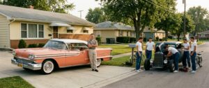 A wide, cinematic scene set in a 1958 American suburban neighborhood on a sunny afternoon. A gleaming, chrome-laden full-size American sedan from the late 1950s — massive, two-toned in pastel colors with dramatic tail fins and whitewall tires — sits parked in a wide concrete driveway in front of a modest ranch-style home. A well-dressed man in slacks and a short-sleeve button-up shirt stands beside it with his arms crossed, looking satisfied. Across the street, a group of young men in jeans and white t-shirts huddle around a stripped-down, lowered hot rod, one of them leaning under the hood. The contrast between the soft, comfortable family car and the raw, purposeful hot rod is visually striking. The neighborhood feels prosperous but quietly restless. Warm golden light, rich color palette reminiscent of mid-century Kodachrome photography, editorial and nostalgic in tone, wide-angle composition emphasizing the scale of the large sedan against the modest suburban backdrop.