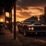 Classic dark red muscle car parked on a dirt street of an Old West town at sunset, with a glowing lantern hanging nearby