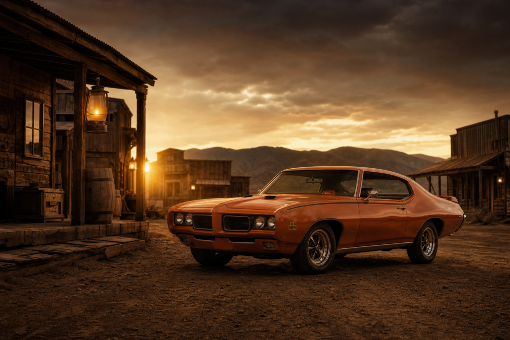 Orange classic muscle car parked on a dirt road in a rustic Old West ghost town at sunset with mountains in the background