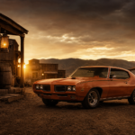 Orange classic muscle car parked on a dirt road in a rustic Old West ghost town at sunset with mountains in the background