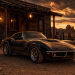 Dusty black vintage Corvette parked outside a rustic wooden building at sunset in a desert landscape with mesa formations