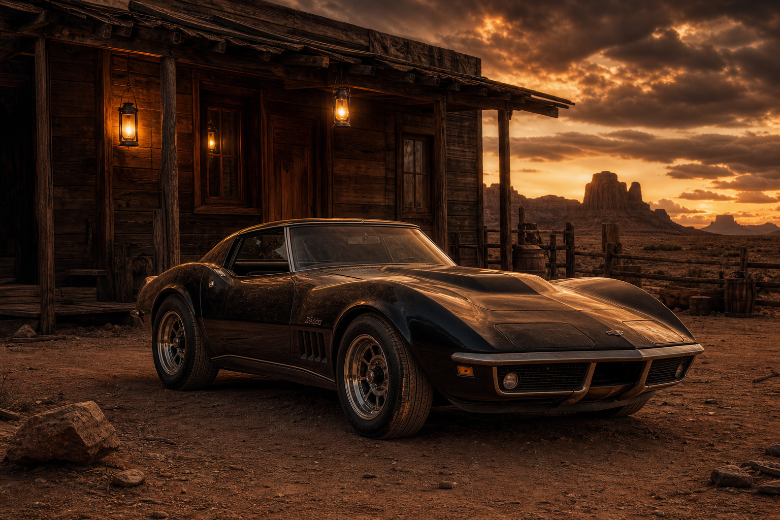 Dusty black vintage Corvette parked outside a rustic wooden building at sunset in a desert landscape with mesa formations