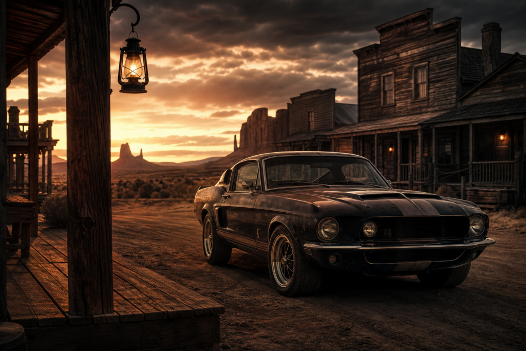 Weathered classic black muscle car parked on a dirt road in a ghost town at sunset, with desert mesas in the background