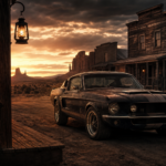 Weathered classic black muscle car parked on a dirt road in a ghost town at sunset, with desert mesas in the background