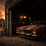 Rusted classic muscle car parked inside a weathered wooden barn in a desert ghost town at sunset, lit by oil lanterns