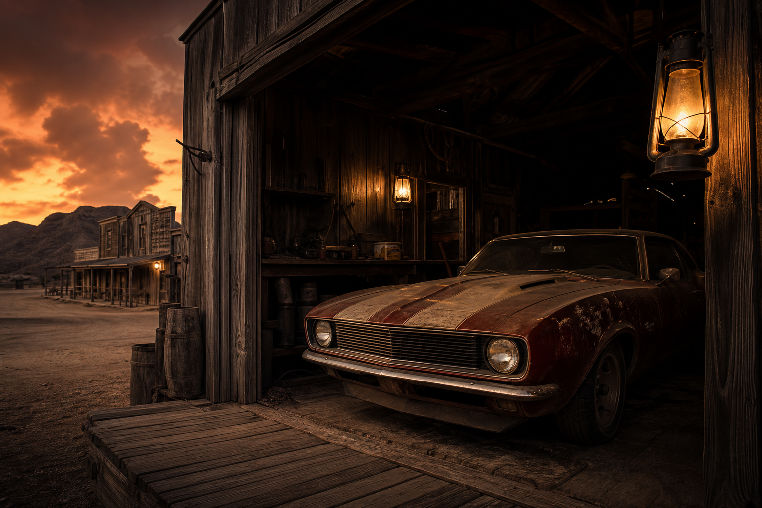 Rusted classic muscle car parked inside a weathered wooden barn in a desert ghost town at sunset, lit by oil lanterns