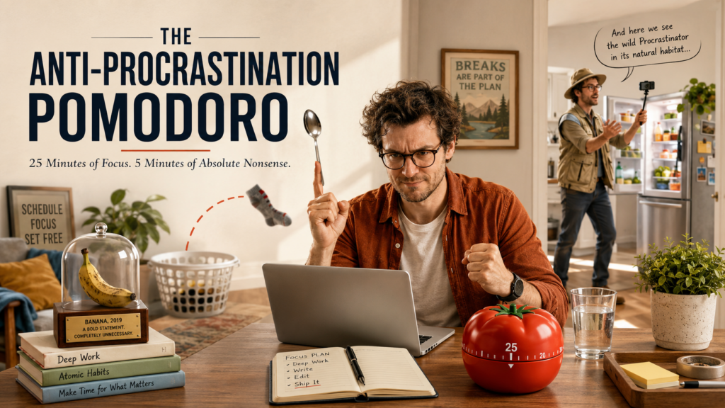 The Anti-Procrastination Pomodoro: 25 Minutes of Focus. 5 Minutes of Absolute Nonsense. Humorous promotional image showing a distracted man at a desk with a tomato timer set to 25, holding a spoon while a sock flies through the air, and another man dressed as a nature documentarian filming the open refrigerator with a speech bubble reading "And here we see the wild Procrastinator in its natural habitat