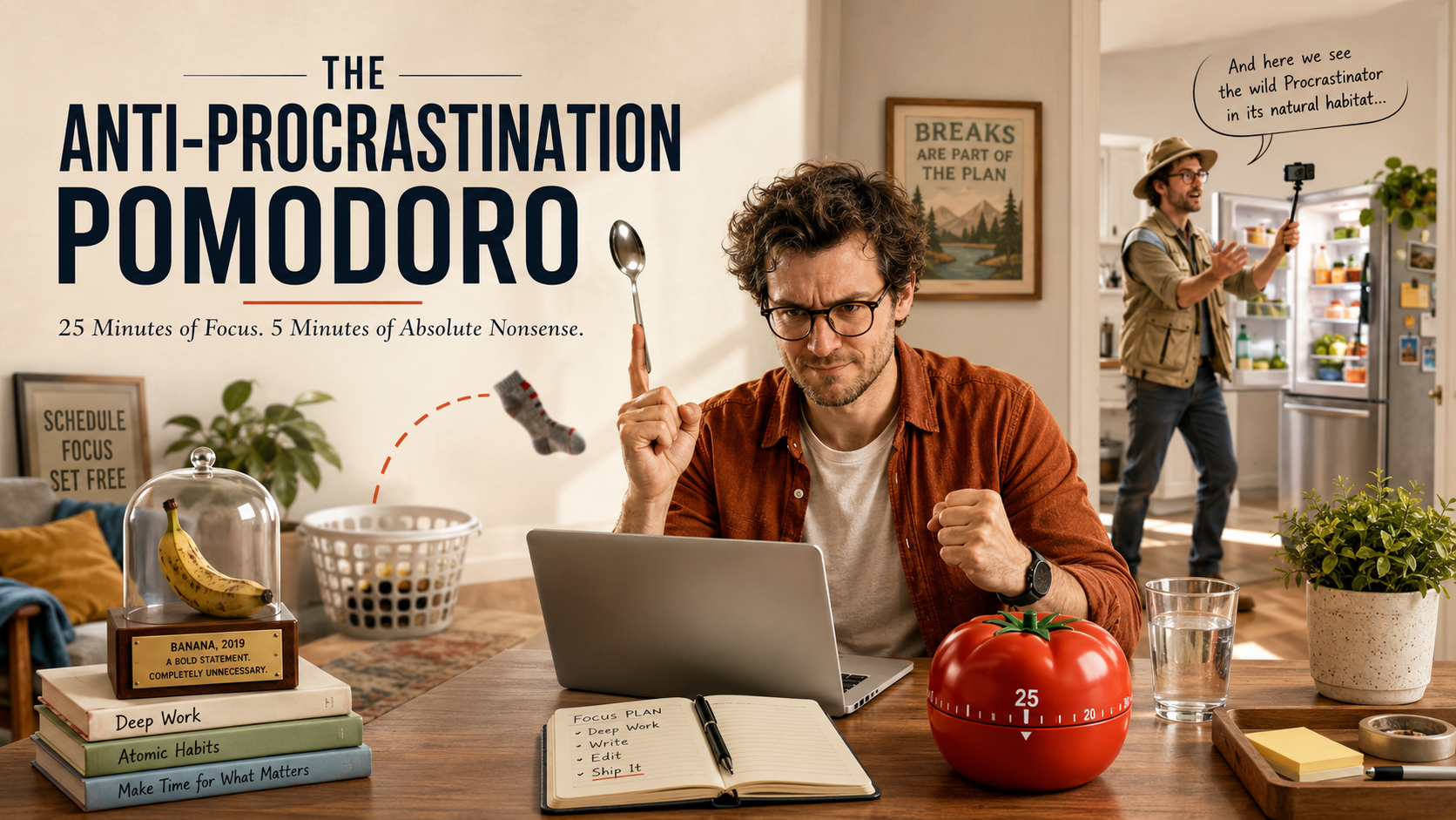 The Anti-Procrastination Pomodoro: 25 Minutes of Focus. 5 Minutes of Absolute Nonsense. Humorous promotional image showing a distracted man at a desk with a tomato timer set to 25, holding a spoon while a sock flies through the air, and another man dressed as a nature documentarian filming the open refrigerator with a speech bubble reading "And here we see the wild Procrastinator in its natural habitat