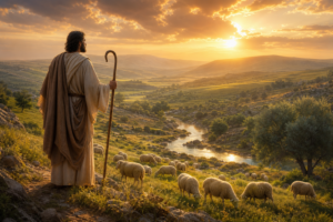 A robed shepherd holding a staff overlooks a flock of sheep grazing in a sunlit valley with a winding river at sunset