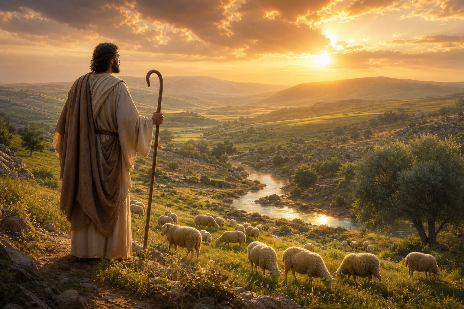 A robed shepherd holding a staff overlooks a flock of sheep grazing in a sunlit valley with a winding river at sunset